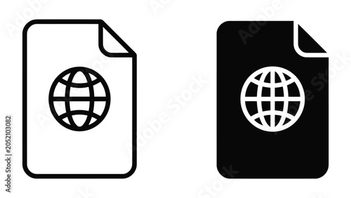 Passport icons with globe symbol outline and solid black fill for travel and international identity