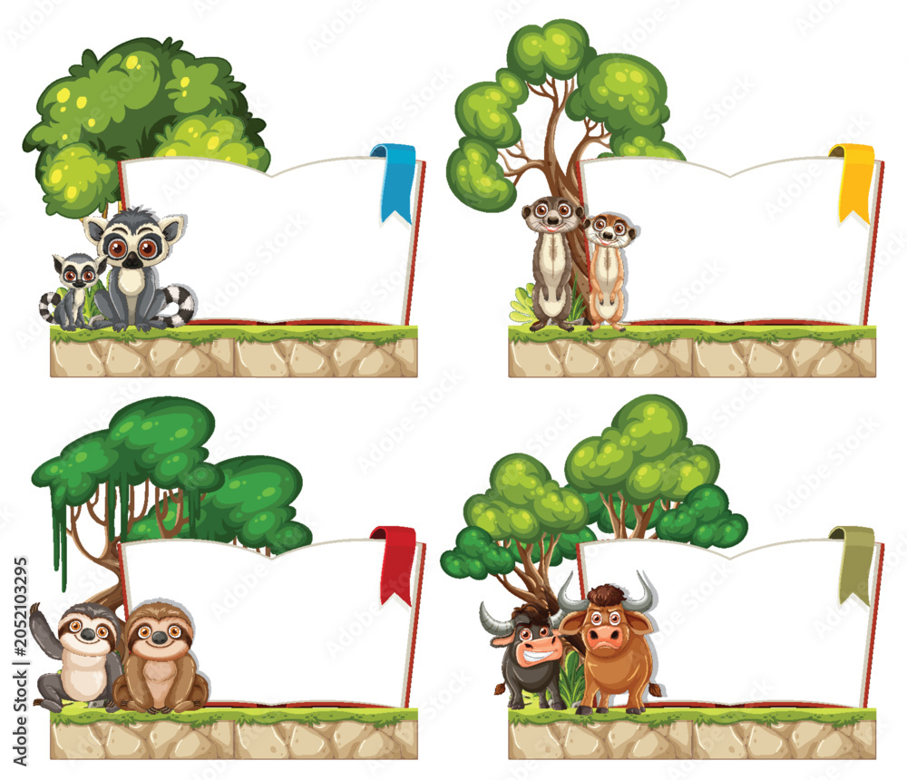 Fototapeta premium Cartoon Jungle Animals with Blank Sign Frames Collection