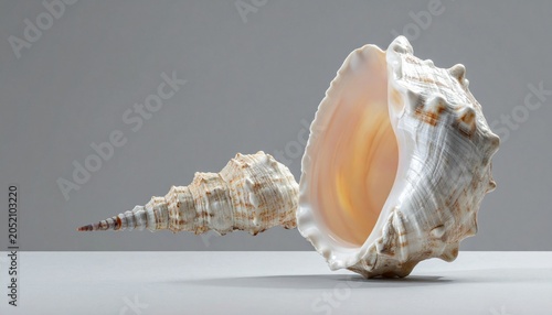 A large seashell lies open on a table with another shell.