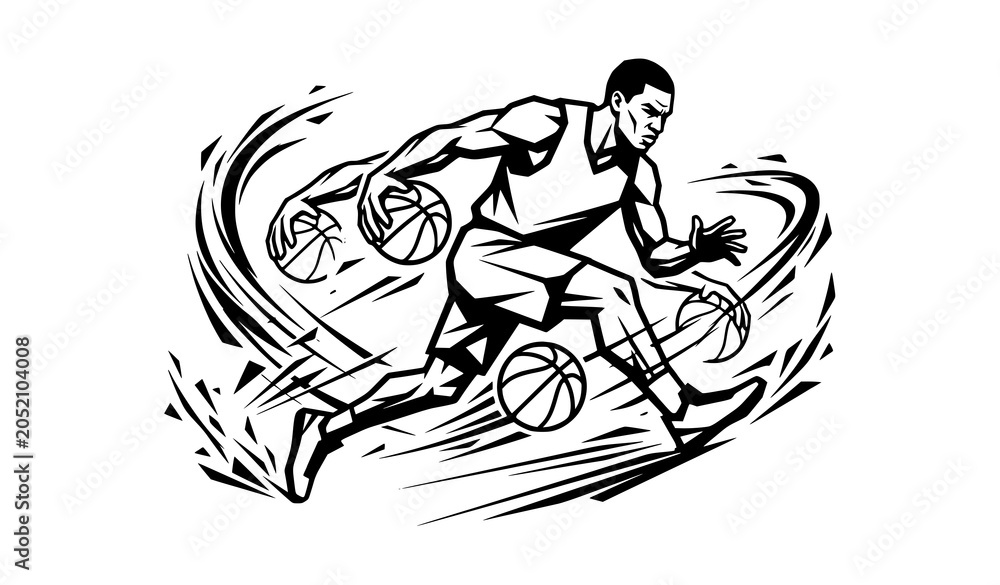Obraz premium Dynamic Basketball Sportsman with Ball Black White Vector Illustration