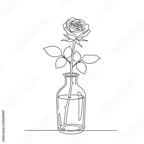 Minimalist Rose Line Art in Vase, Botanical Illustration