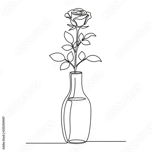 Minimalist Rose Line Art in Glass Vase, Black and White Illustration