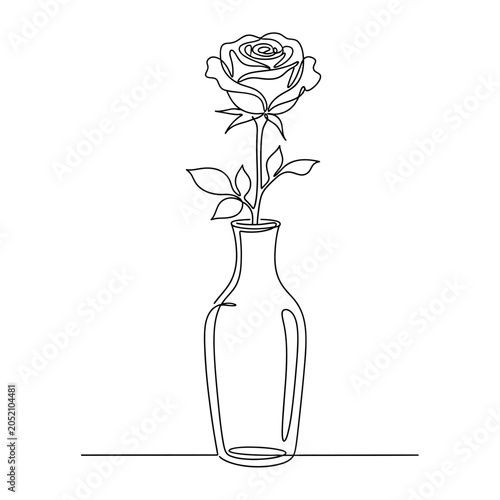 Minimalist Rose Line Art in Vase, Black and White, Continuous Line
