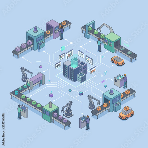 Smart factory automation with robotic arms and servers