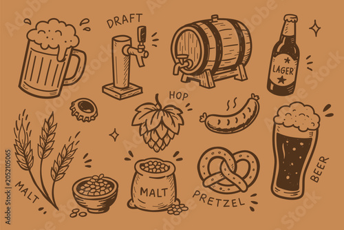 Cuadro en lienzo Craft Beer Brewery Elements Hand Drawn Doodle Sketch Vector Illustration Set wit