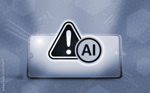 A conceptual illustration showing a smartphone screen displaying a glowing warning sign alongside an AI symbol, representing risks, digital safety, and artificial intelligence concerns.