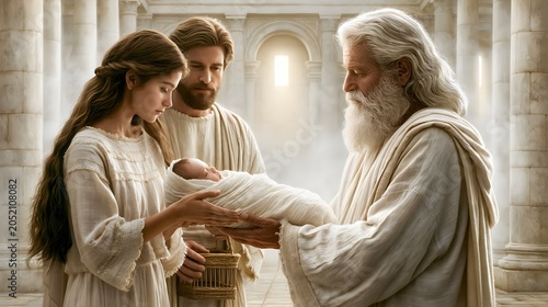 Mother Passing Infant to Aged Priest in Ancient Stone Sanctuary Sacred Presentation Scene