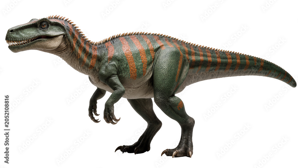 Fototapeta premium Green and orange striped dinosaur with sharp teeth and claws