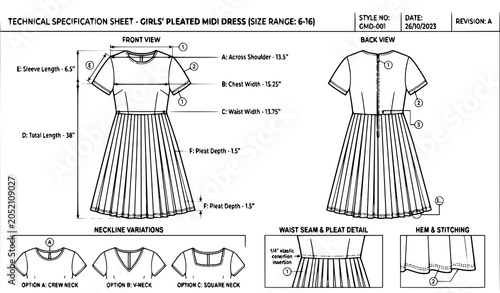Photos Girls Midi Dress Technical Fashion Blueprint with Construction Details Vector Il