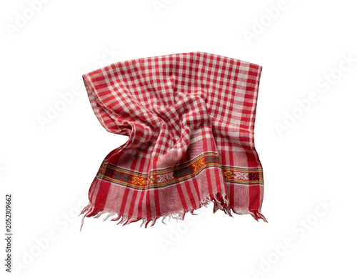 Traditional red checkered gamcha towel, handwoven cotton fabric with ethnic border, rustic crumpled textile for cultural and household use isolated on Transparent Background