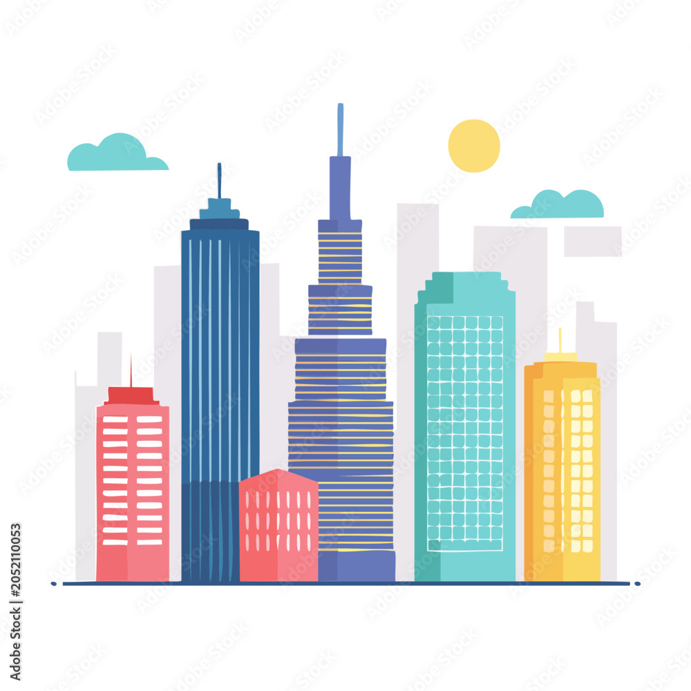 Obraz premium Flat design city skyline with skyscrapers, sun and clouds