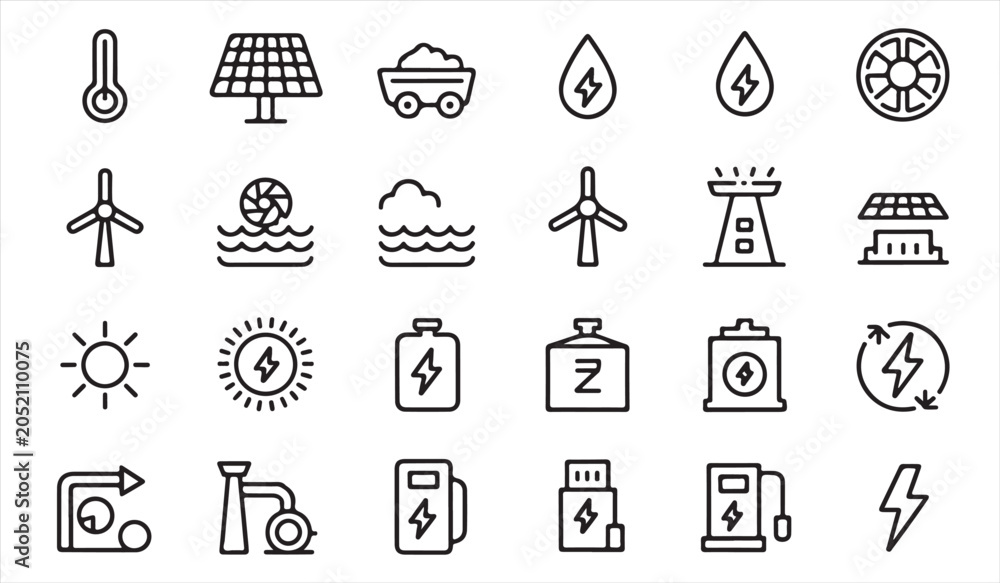 Fototapeta premium Renewable energy icon set with solar panels, wind turbines, batteries and clean technology symbols