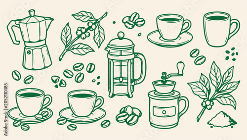 coffee brewing equipment morning pattern, artisanal coffee drink cafe background, fresh brewed coffee shop illustration, coffee beans cafe drink print, hand drawn coffee gear icons, morning coffee dri
