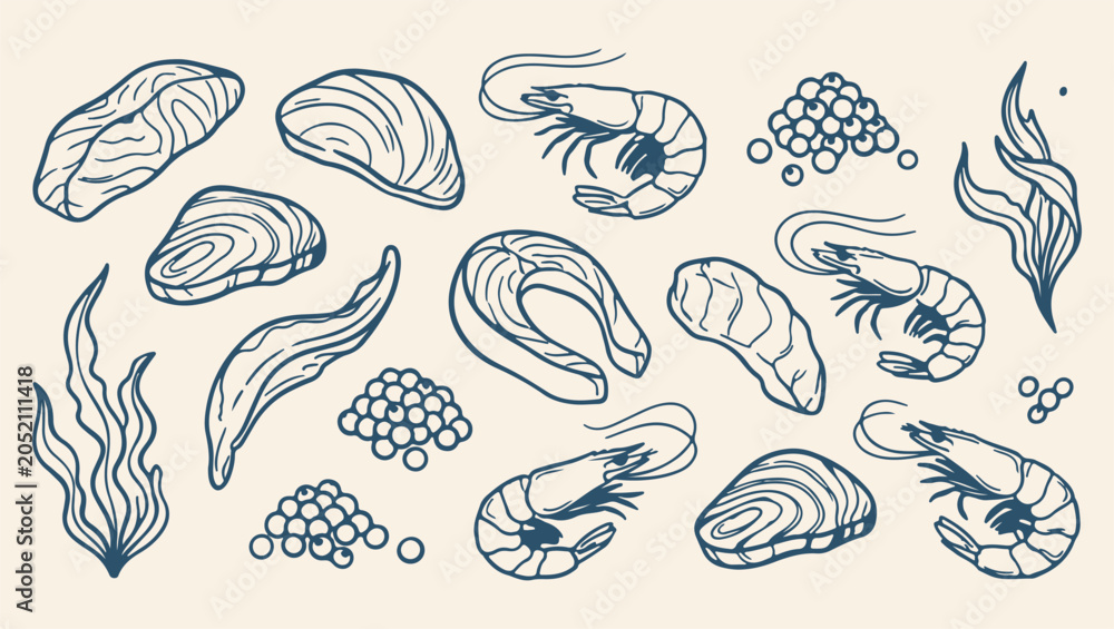 Obraz premium fresh shellfish seafood harvest pattern, raw shrimp oyster background, tasty seafood food illustration, seafood shellfish harvest print, artistic seafood harvest set, decorative fresh shellfish design