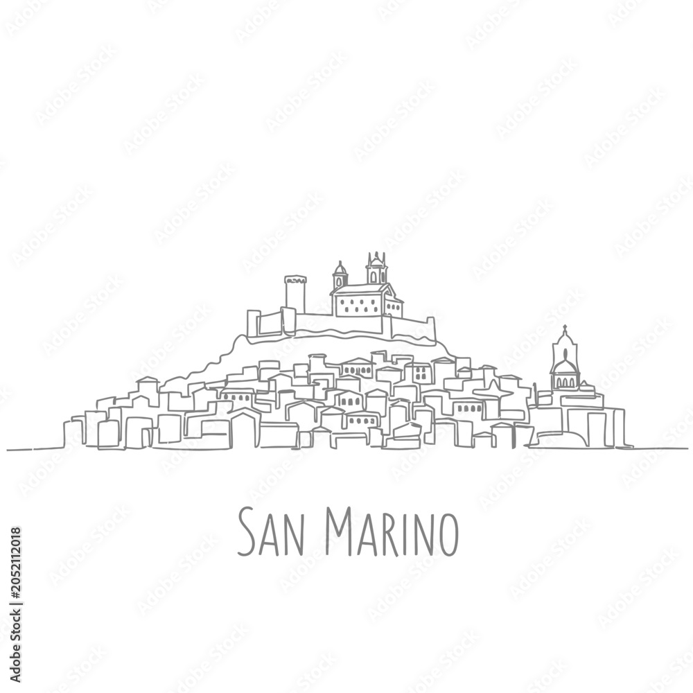 Fototapeta premium San Marino Line Art Silhouette: Iconic Italian Townscape Illustration