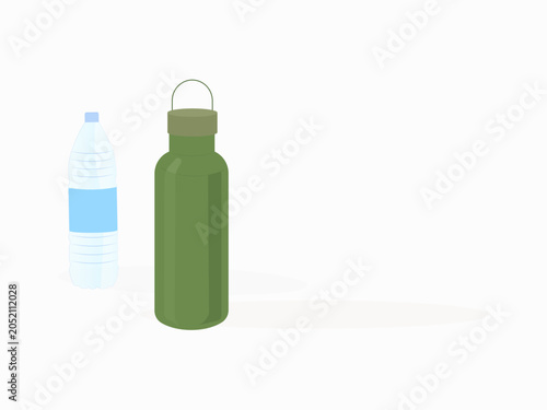 Disposable plastic bottle vs reusable water bottle, sustainable alternative concept