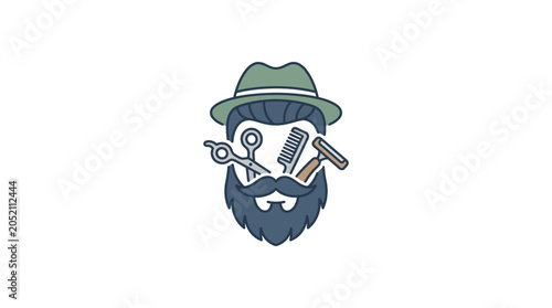 Stylish barber logo with tools and facial features
