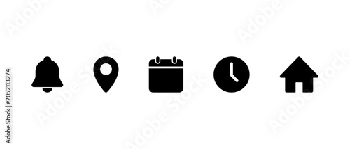Bell, location pin, calendar, time, and home icon. Notification, map marker, date, clock, and house symbol