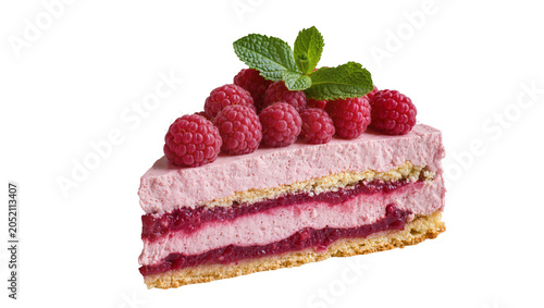 Foto Raspberry Mousse Cake Slice with Fresh Berries and Mint