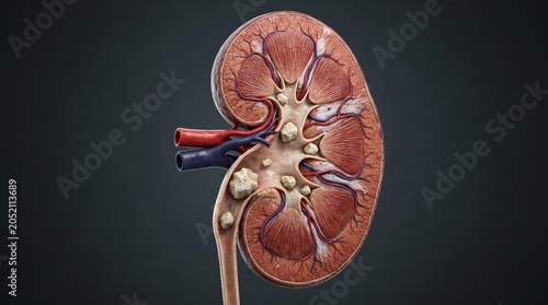 3D cross-section medical illustration of a human kidney with kidney stones.