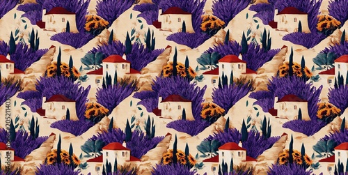 Seamless pattern showcasing the beauty of Provence with lavender fields, olive branches, and rustic cottages in warm earthy tones.