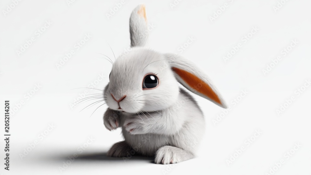 Obraz premium A small white bunny shyly covering its face with paws, showcasing a timid expression on a clean, bright background.
