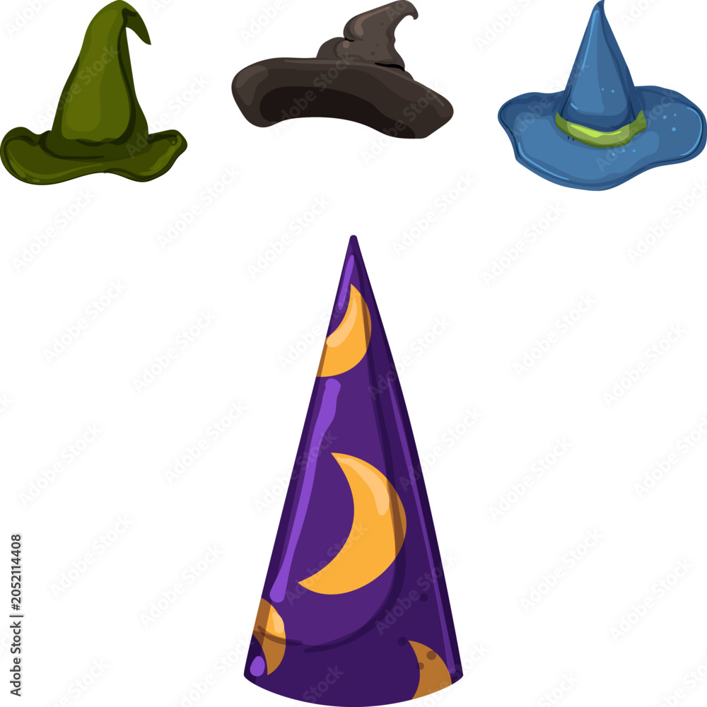 Obraz premium Collection of stylized wizard hats featuring different colors and shapes, including a tall cone hat adorned with crescent moon patterns, perfect for fantasy and sorcery themes