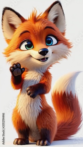 A cheerful glowing fox with a fluffy tail waves happily on a pure white background, radiating cuteness and joy.