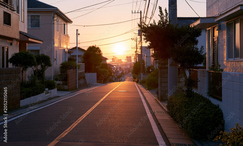 Fototapeta premium A quiet suburban street in Japan at sunset, glowing orange sky, long shadows,