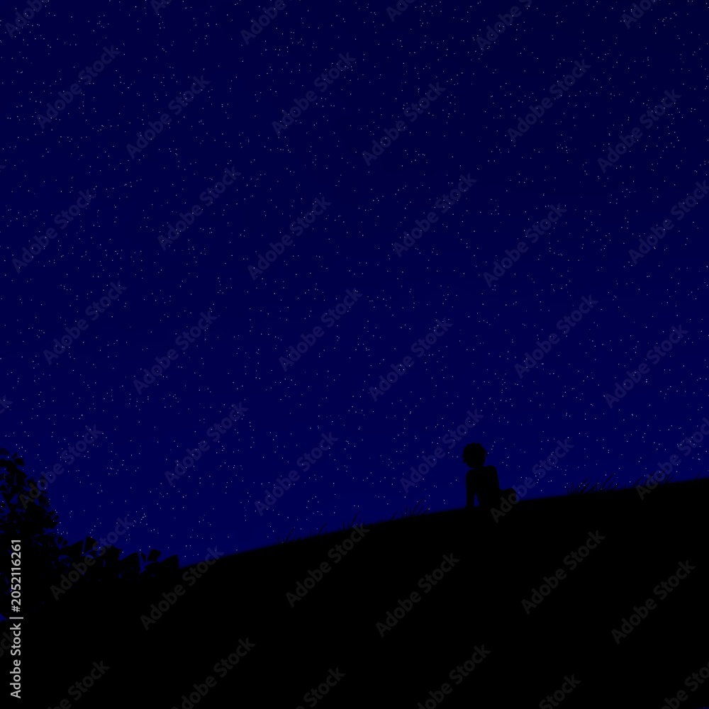 Fototapeta premium Starry Night Sky Panorama with Lonely Human Silhouette and Nature Landscape