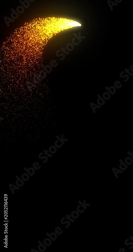 Golden star trail flying around with twinkling particles floating in the air. Gold dust particles glowing moving on black background overlay.