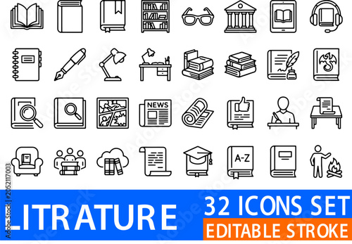 Quadro su tela Literature icon set illustrates thin black outlines of books, writing tools, and educational items