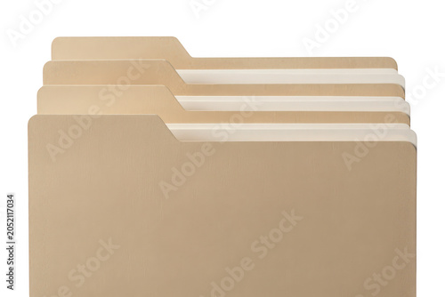 A stack of four light brown manila file folders arranged in a row, isolated on a white background, for office and, business document organization