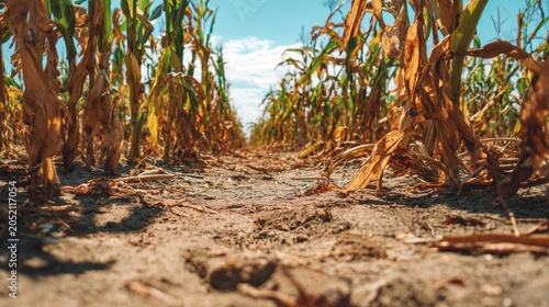 Drought affected corn field with dry soil, wilted maize plants, agricultural stress, crop damage and arid farmland conditions highlighting climate change and water shortage