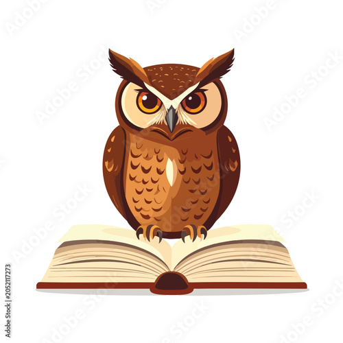 Wise owl sitting on an open book representing education and knowledge.