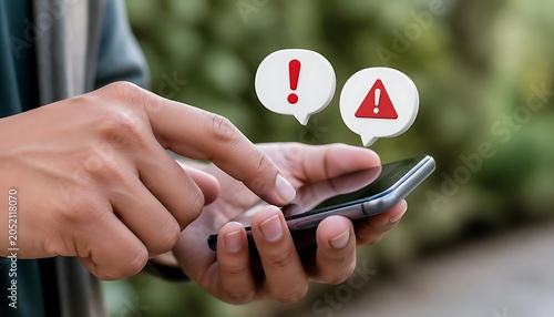 Close-up of hands typing on smartphone with alert warning icons