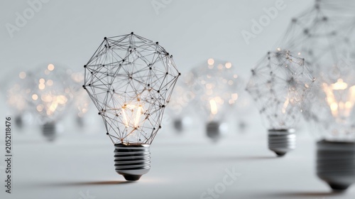 A unique lightbulb illuminated with intricate network connections, symbolizing innovation and bright ideas. The surrounding bulbs are out of focus, emphasizing the standout concept