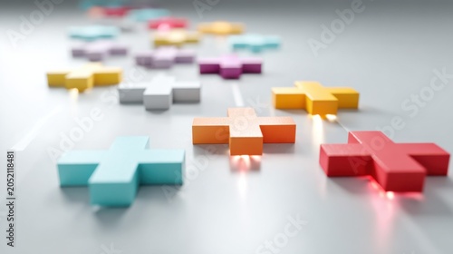 A row of colorful plus signs arranged in a sequence, suggesting growth, positivity, and addition