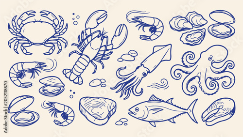 Tableau sur toile seafood marine life harvest pattern, ocean crustacean shellfish food illustratio