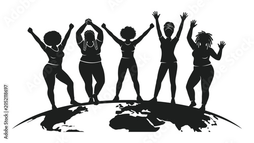 Εκτύπωση καμβά Women silhouettes stand with arms raised in celebration atop a globe to represent global community and female empowerment
