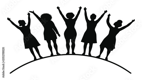 Billede på lærred Women silhouettes stand with arms raised in celebration as a group on a curved horizon line