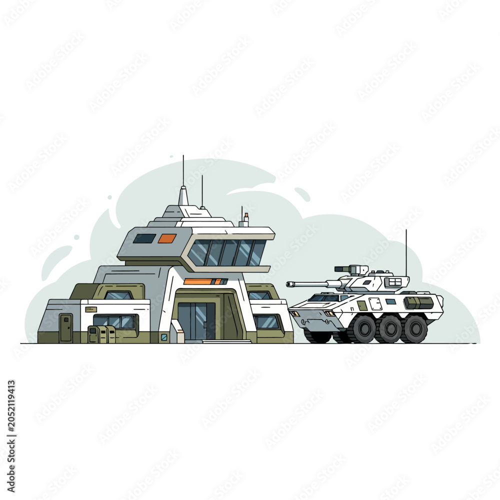 Fototapeta premium Futuristic Military Outpost with Armored Vehicle Illustration