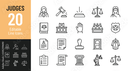 Schilderij op canvas Judges, court and law line icon set