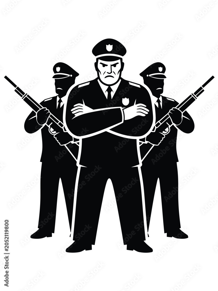 Fototapeta premium Three police officers standing together with guns