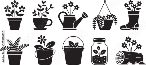 Set of potted flowers, plants in cups, watering cans, hanging baskets, and flowers in rain boots and logs.