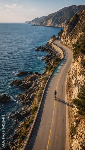 Cyclist Riding Winding Road Along Ocean Cliff