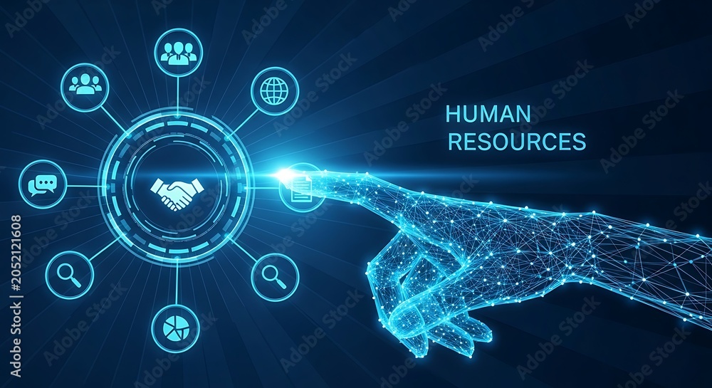 Fototapeta premium Digital human resources management concept with holographic icons and glowing hand interface on dark background, resources
