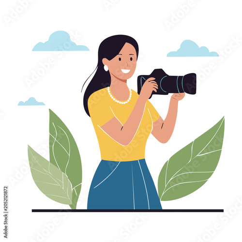Woman holding a camera, flat illustration style