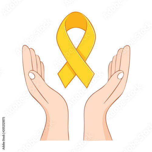 Yellow ribbon held by hands, symbol of support and awareness
