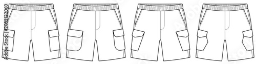 technical drawing set of mens cargo utility shorts with side flap pockets on transparent background. flat sketch CAD mockup.